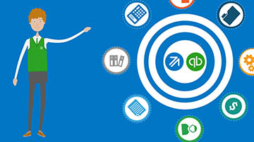 Still from animated explainer video for Intuit Pro, man points to icons on his left