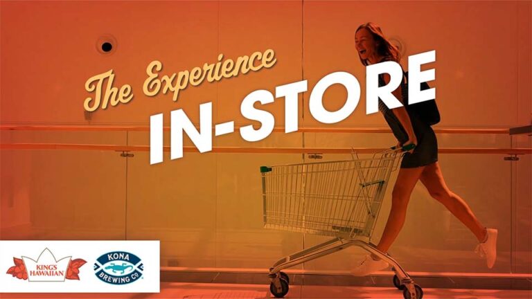 Graphics displaying "The Experience In-Store" with an image of a woman riding a shopping cart in the background.